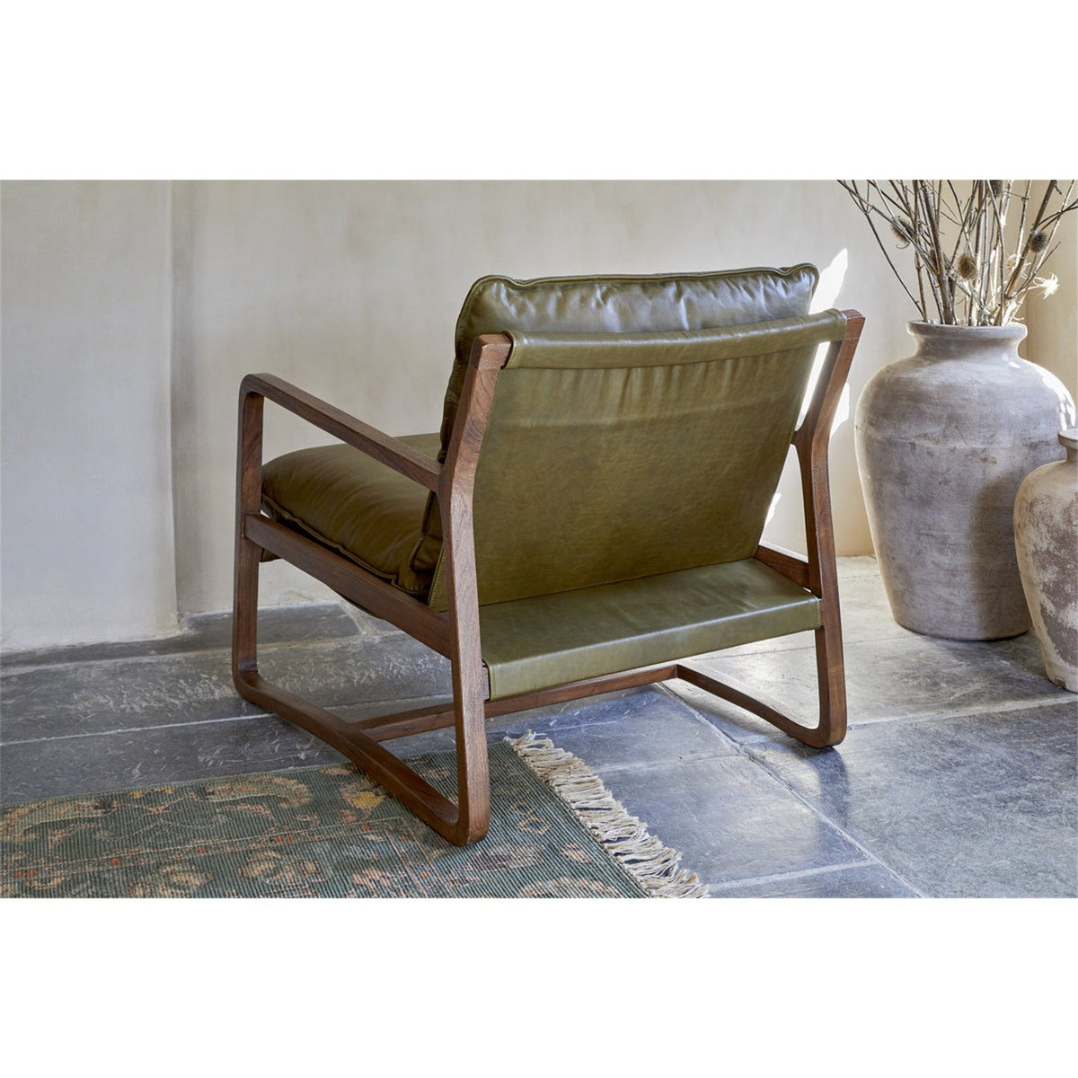 Baloo Acacia Wood & Leather Armchair - Olive Green