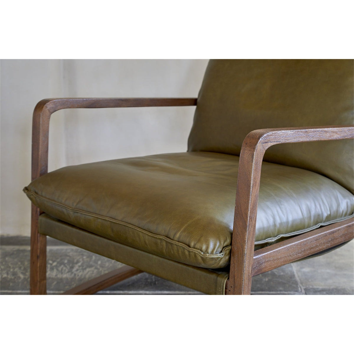 Baloo Acacia Wood & Leather Armchair - Olive Green