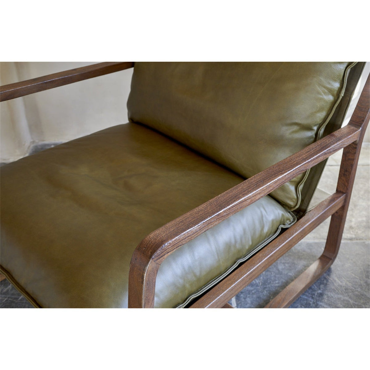 Baloo Acacia Wood & Leather Armchair - Olive Green