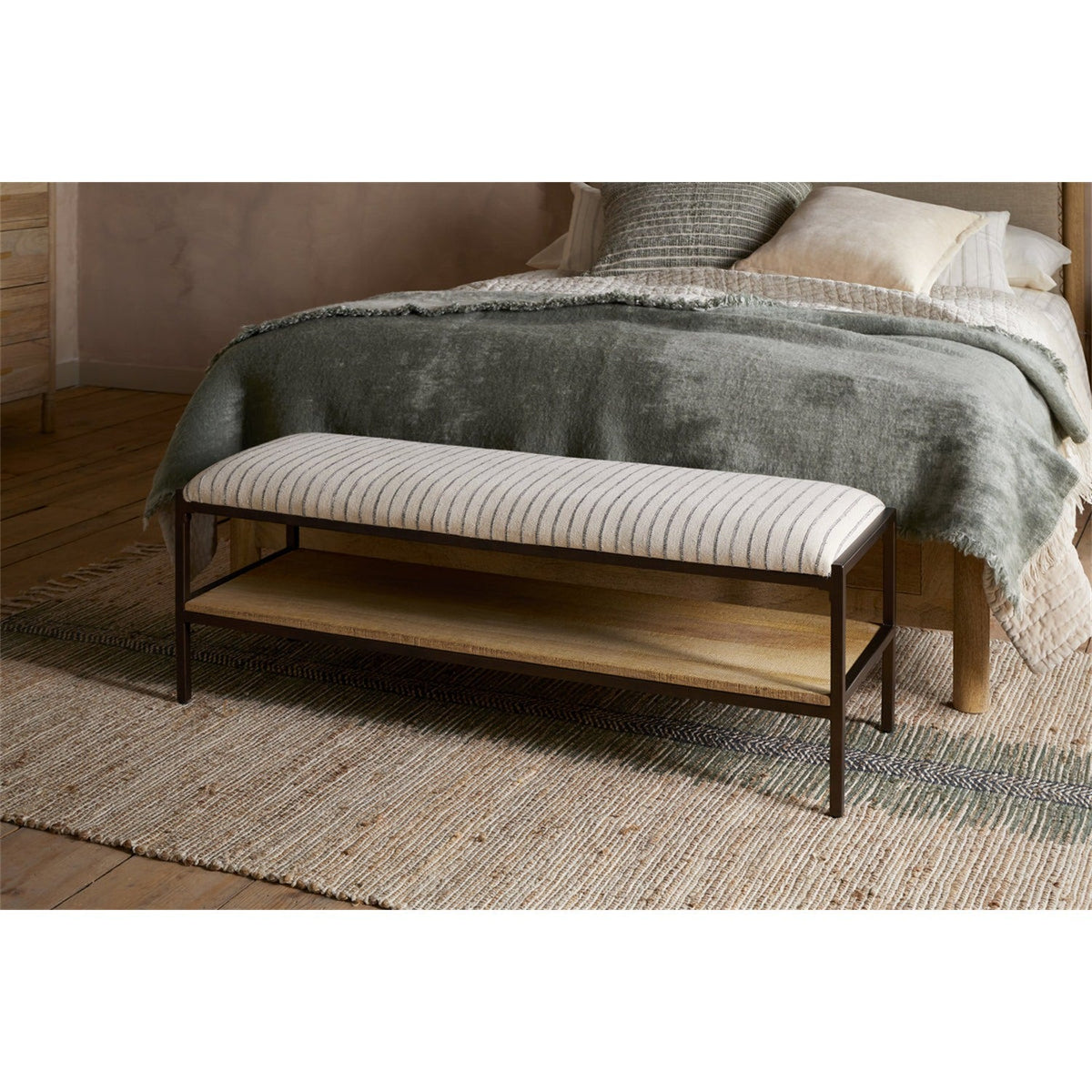Sanja Cotton Upholstered Bench - Charcoal & Natural