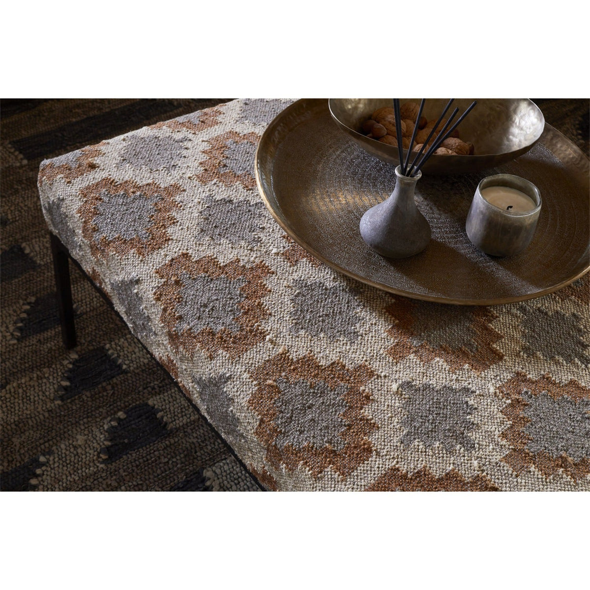 Valin Kilim Upholstered Ottoman - Rust