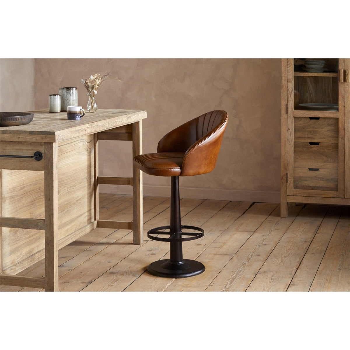 Lal Leather Swivel Counter Stool - Aged Tan