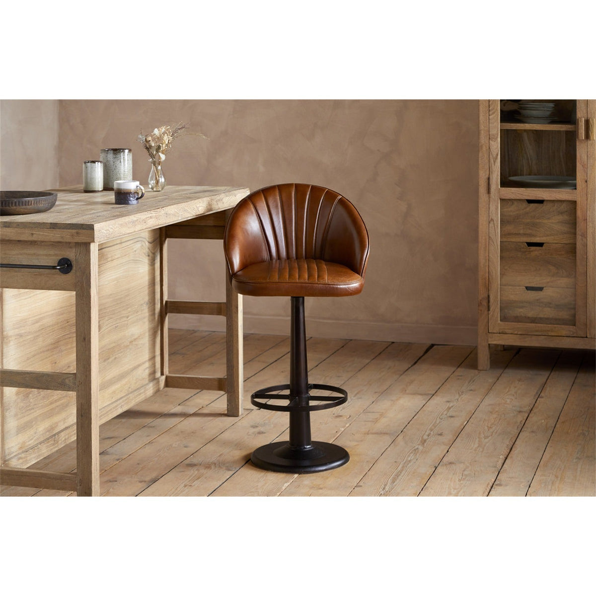 Lal Leather Swivel Counter Stool - Aged Tan