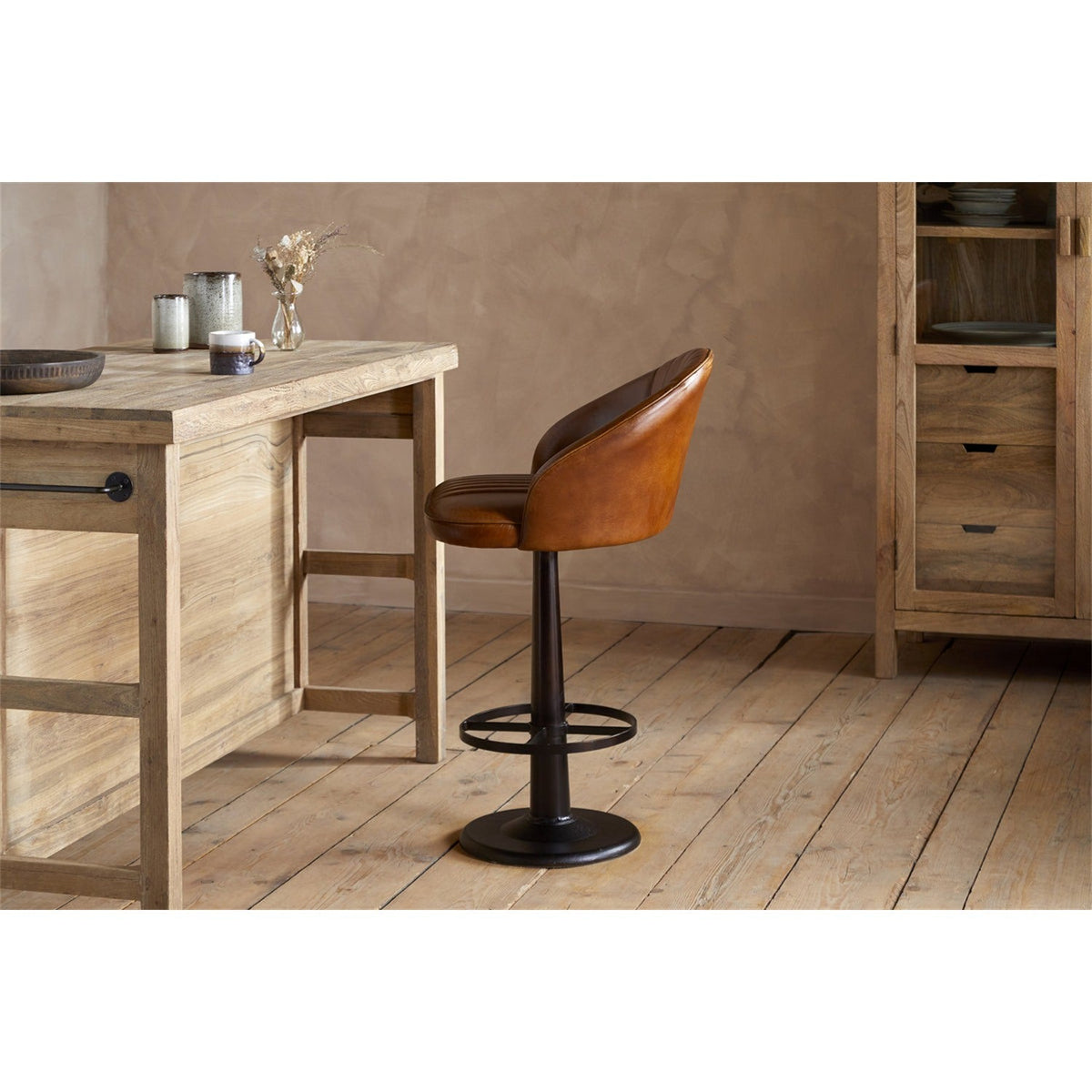 Lal Leather Swivel Counter Stool - Aged Tan