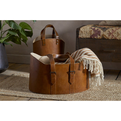Panasi Wide Leather Storage Basket - Tan