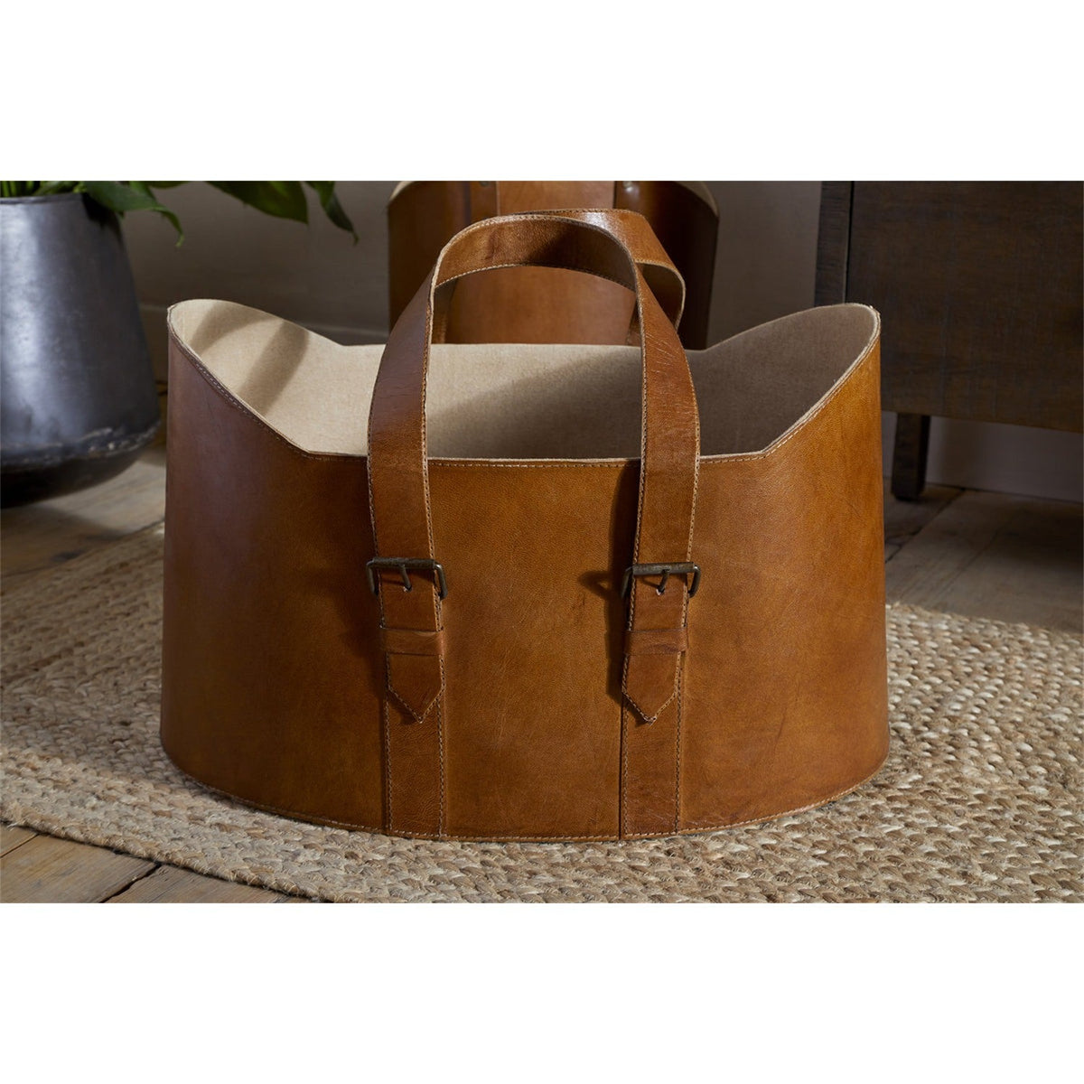 Panasi Wide Leather Storage Basket - Tan