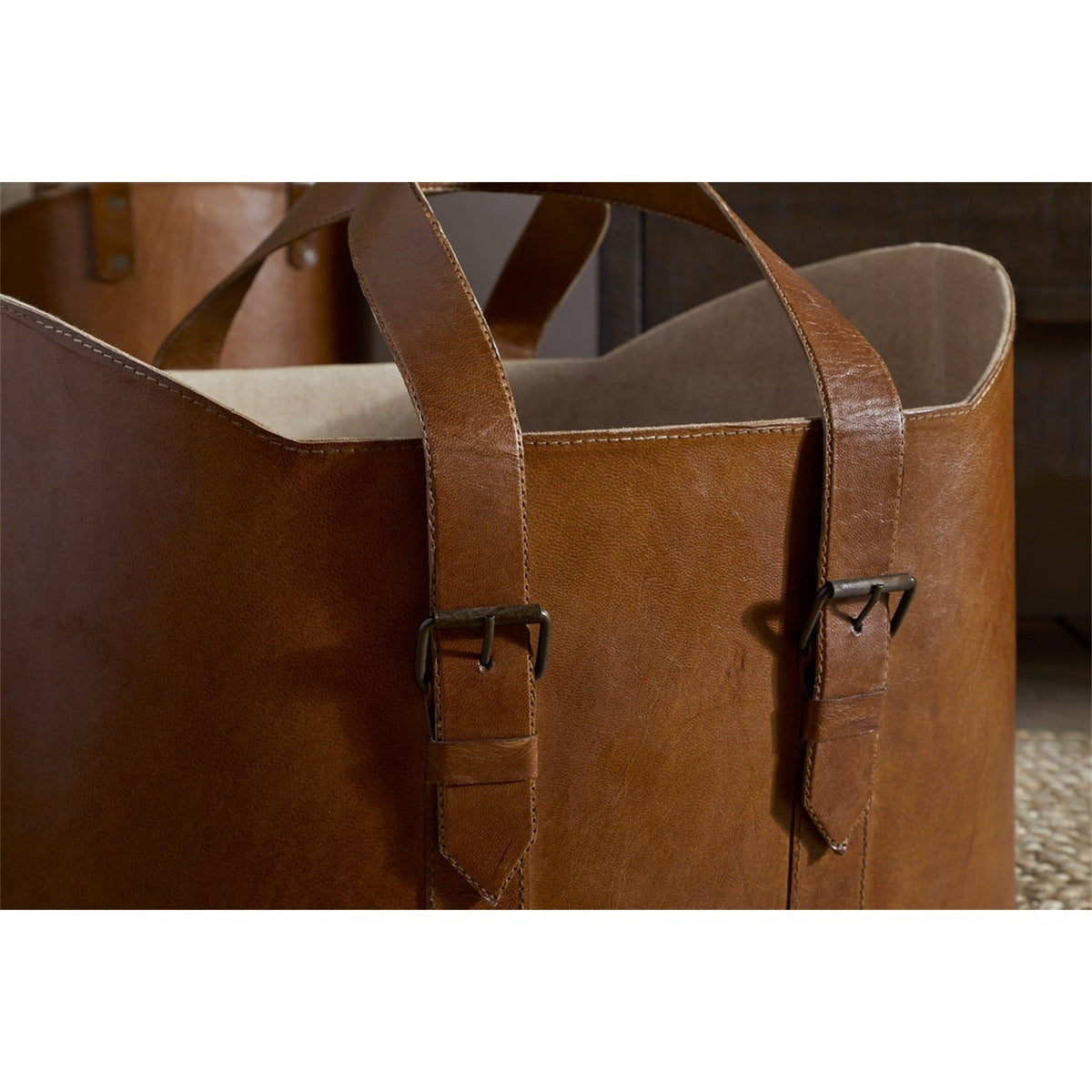 Panasi Wide Leather Storage Basket - Tan