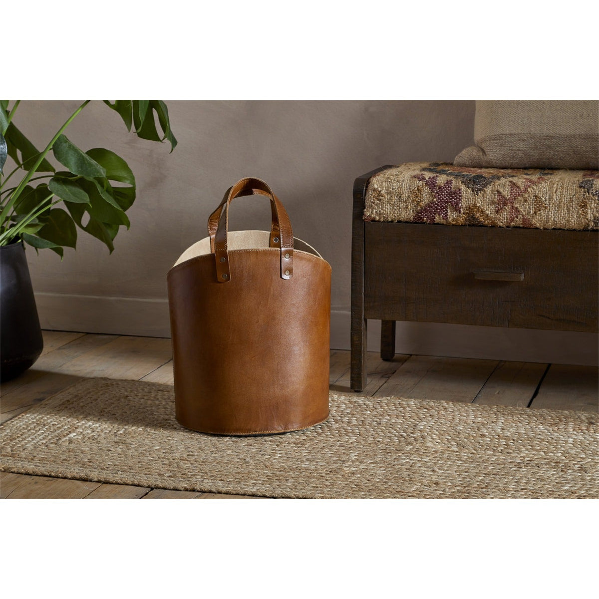 Panasi Tall Leather Storage Basket - Tan