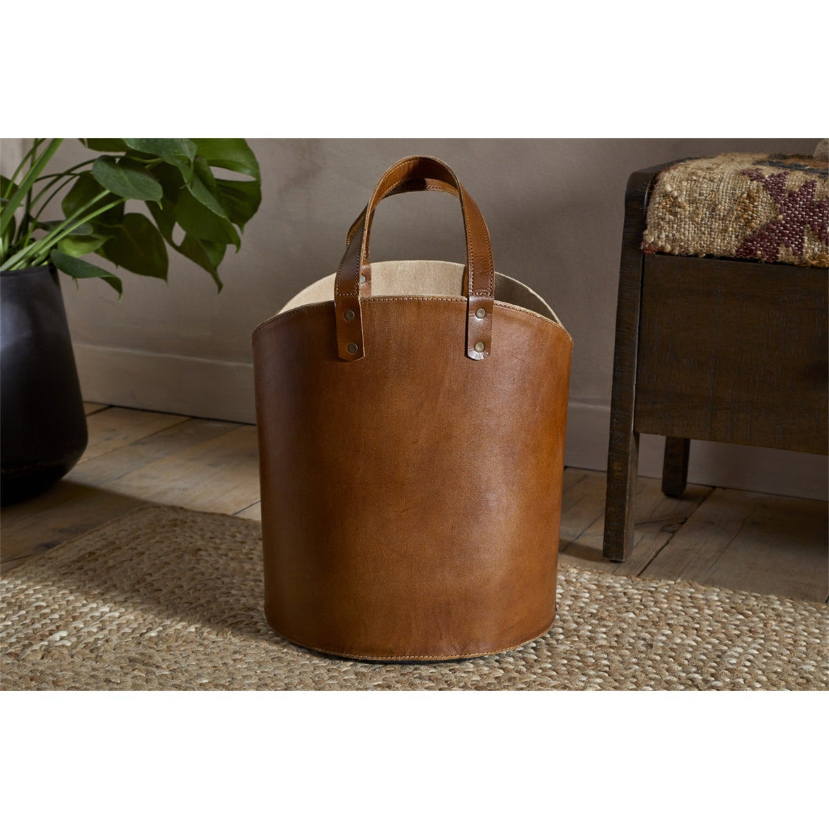 Panasi Tall Leather Storage Basket - Tan