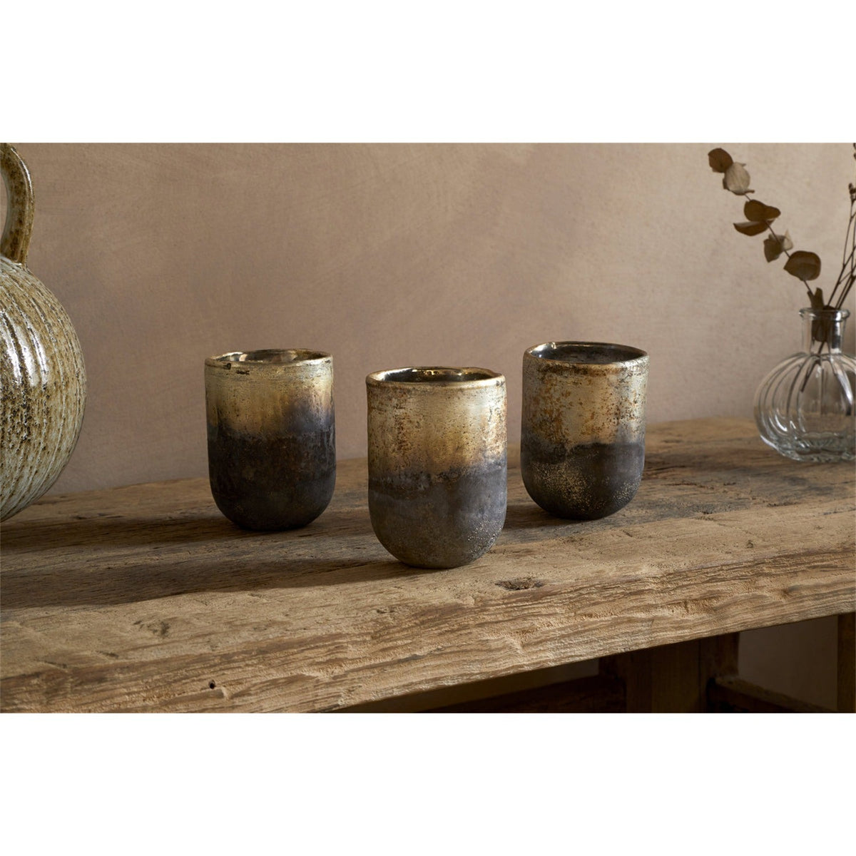 Furaha Glass Tealight Holder - Frosted Black - Set of 3