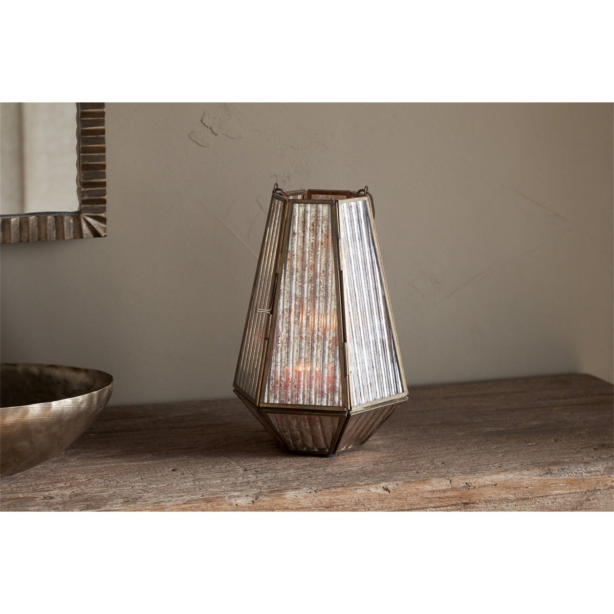 Igbo Ribbed Mercury Glass Lantern - Brass
