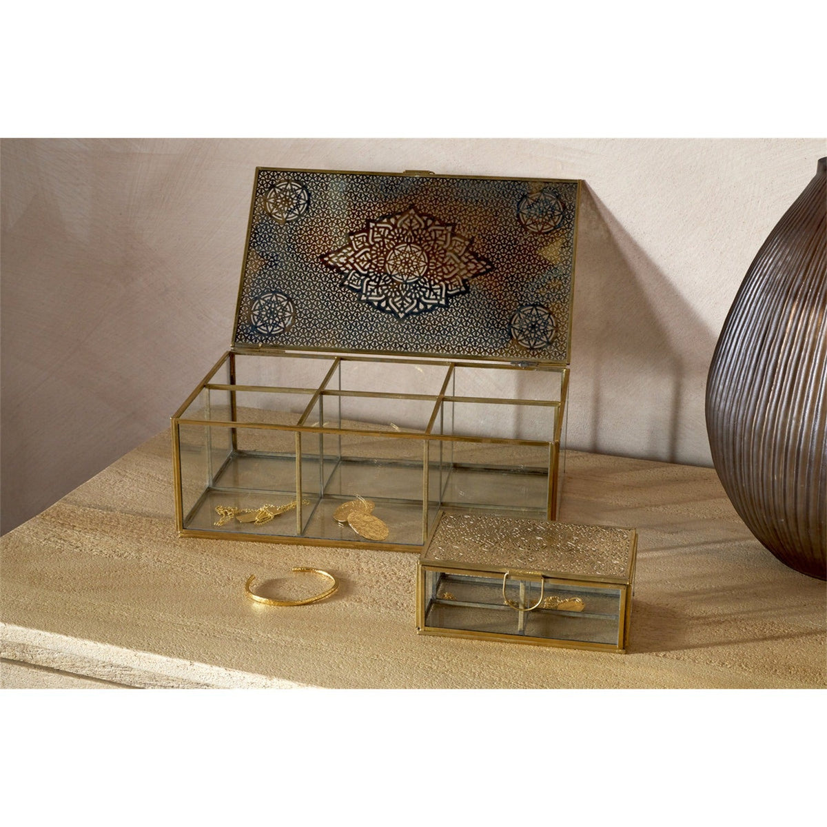 Kijang Small Perforated Jewellery Box - Brass & Clear