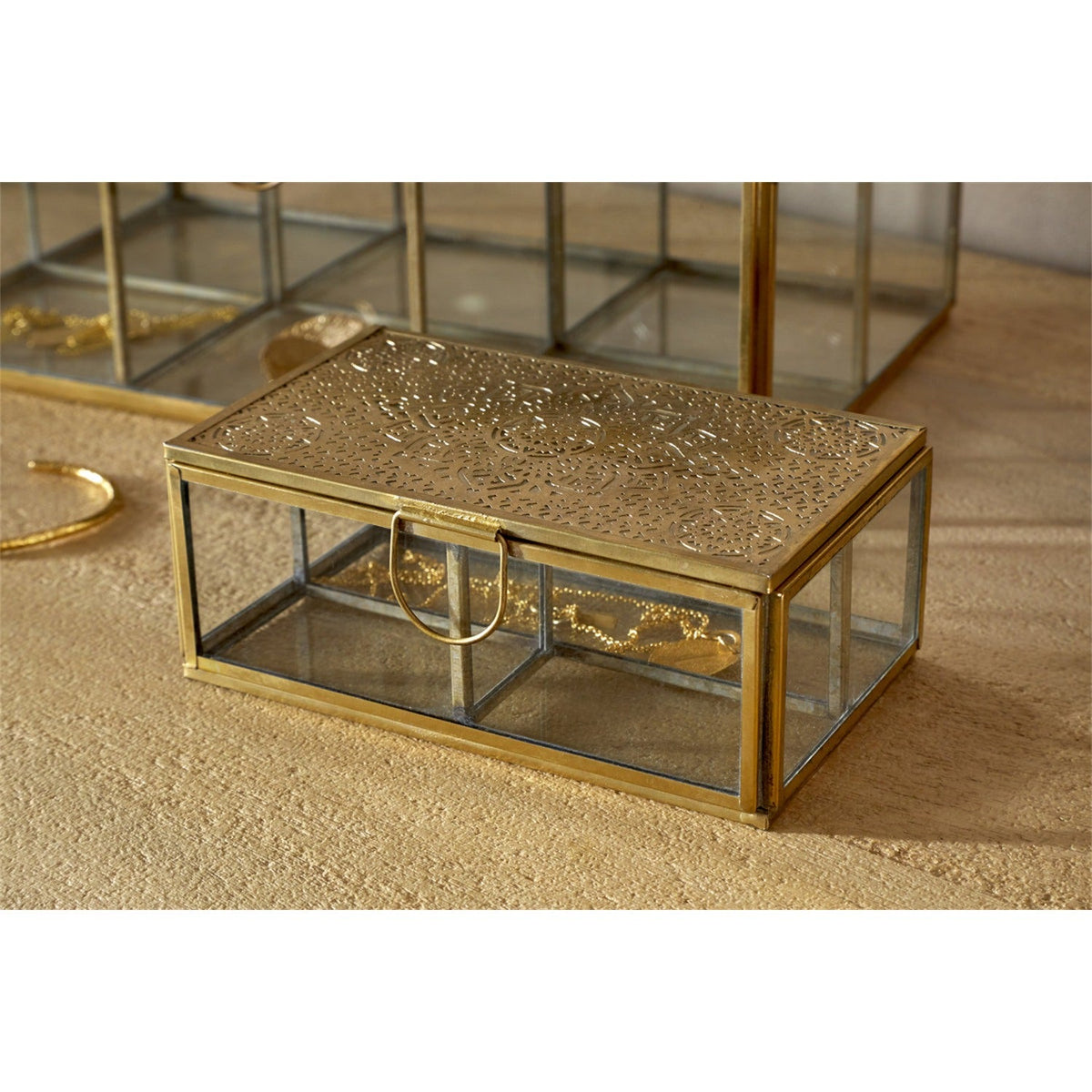 Kijang Large Perforated Jewellery Box - Brass & Clear