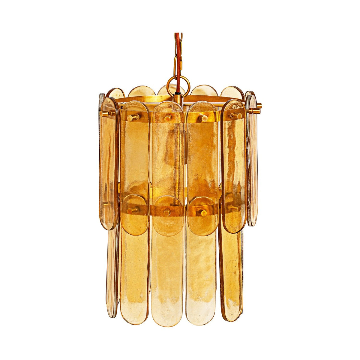 Itan Tiered Recycled Glass Pendant Light in Amber with flat rounded glass paddles in two overlapping tiers on brass rings, hung from a rust-coloured braided flex.