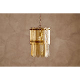 Itan Tiered Recycled Glass Pendant Light in Amber, featuring flat rounded glass paddles pinned to two brass rings in overlapping tiers, suspended on a chain against a plain neutral background.