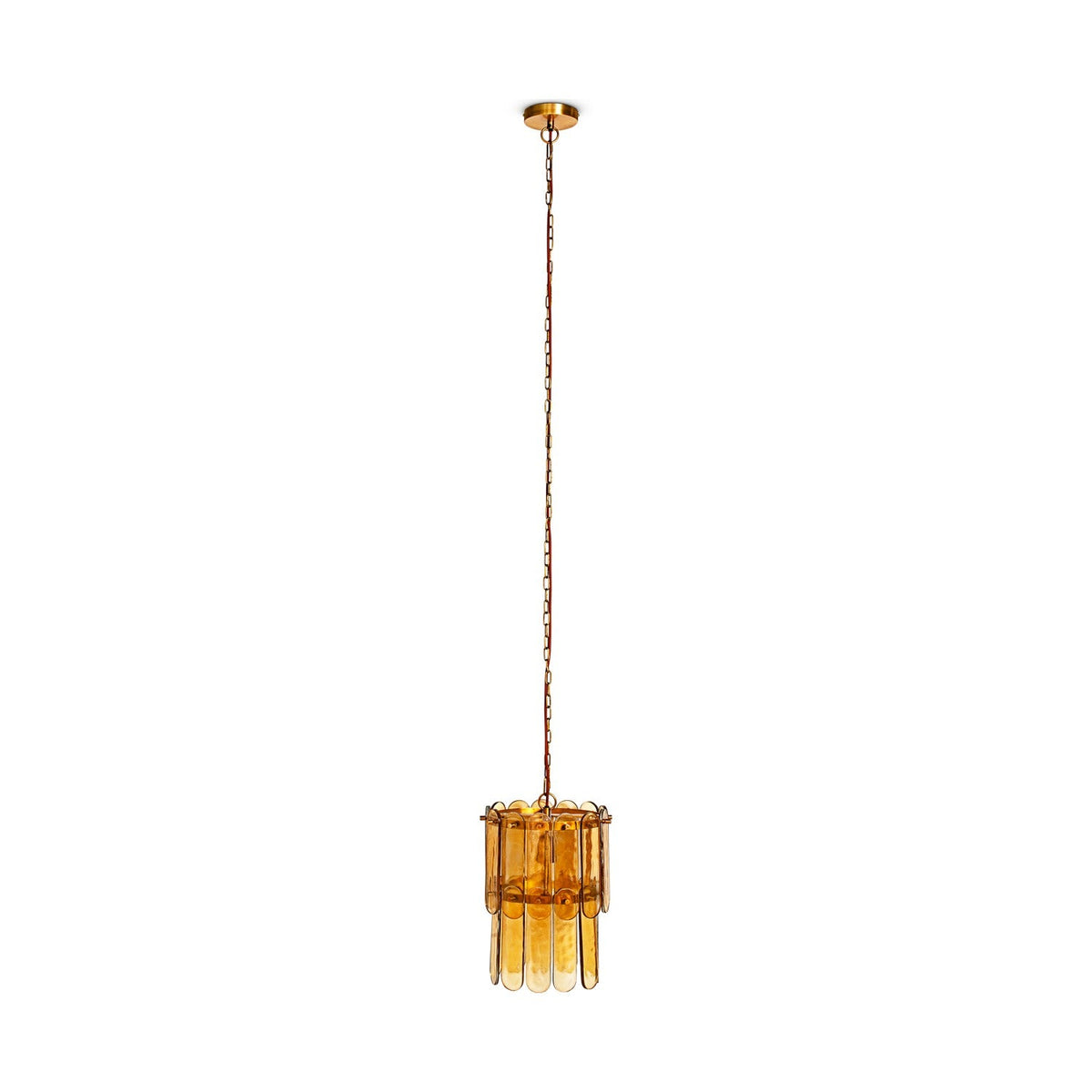 Itan Tiered Recycled Glass Pendant Light in Amber, with flat glass paddles on two brass rings and a long chain drop, shown on a plain white background.