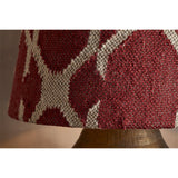 Close-up of the Haadu Large Jute Kilim Lampshade in rust and natural, showing the woven wool kilim pattern on a brass lamp base.