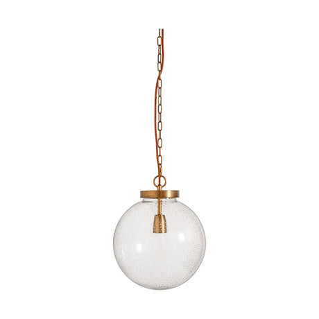 Jayeda recycled clear glass ball pendant light with seeded bubbles, brass cap and lampholder, antique brass chain and rust fabric flex, on a white background.