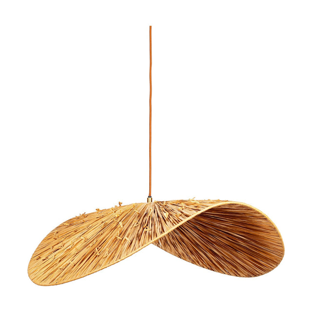 Essubi Raffia Organic Weave Pendant Light in natural tan, a single folded raffia sheet forming a leaf-shaped shade with radiating strands, on an orange cord against a white background.