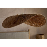 Essubi Raffia Organic Weave Pendant Light in natural tones, shown as a folded leaf-shaped shade with radiating strands and knotted detailing, hung above a bedroom headboard.