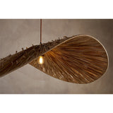 Essubi Raffia Organic Weave Pendant Light with a folded leaf-shaped shade, radiating strands, visible outer knots, and an exposed E27 bulb, shown against a neutral background.