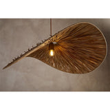 Essubi Raffia Organic Weave Pendant Light in natural tones, showing its leaf-shaped folded form with radiating strands and a lit E27 bulb, against a plain grey background.