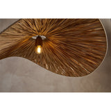 Close-up of the Essubi Raffia Organic Weave Pendant Light in natural tones, showing radiating raffia strands, a curled leaf-shaped fold, and a single exposed bulb at the centre.