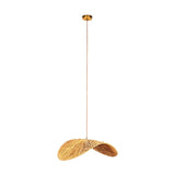 Essubi Raffia Organic Weave Pendant Light in natural tone, a single folded leaf-shaped shade with radiating strands and visible knots, on a brass ceiling rose, shown on a white background.