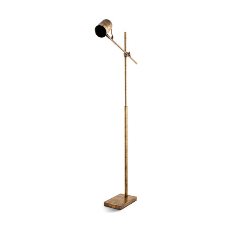 Thenkara directional floor lamp in antique brass, with a rectangular base, slim column, adjustable knurled pivot arm, and cylindrical domed shade, shown on a plain white background.