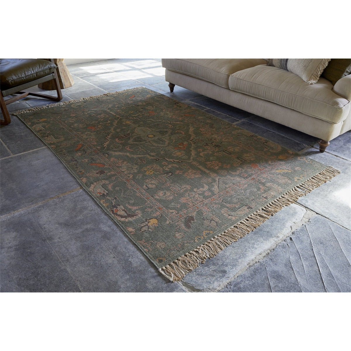 Okuta 150 x 240cm Block Print Jute Rug - Olive Green