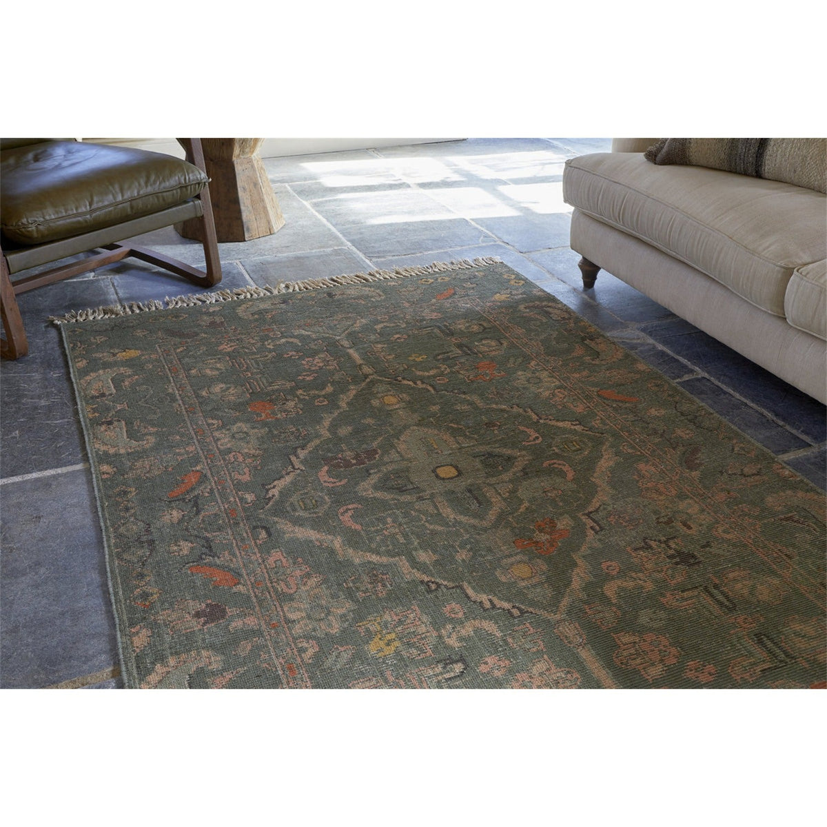 Okuta 150 x 240cm Block Print Jute Rug - Olive Green