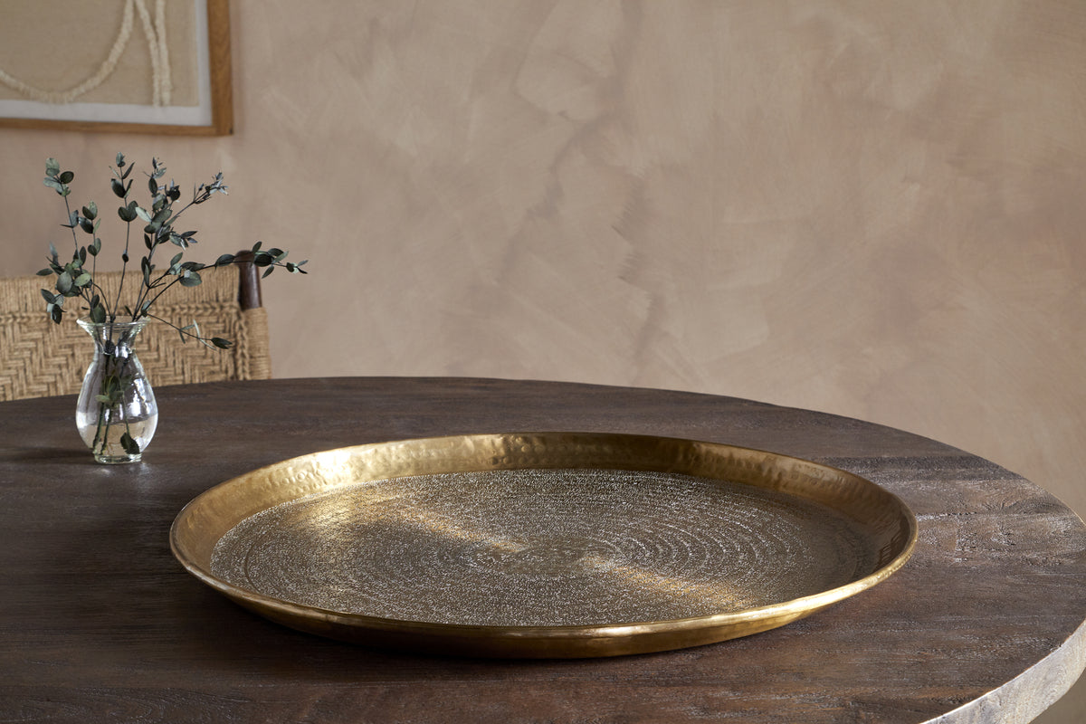 Dhanya Small Round Hammered Tray - Antique Brass