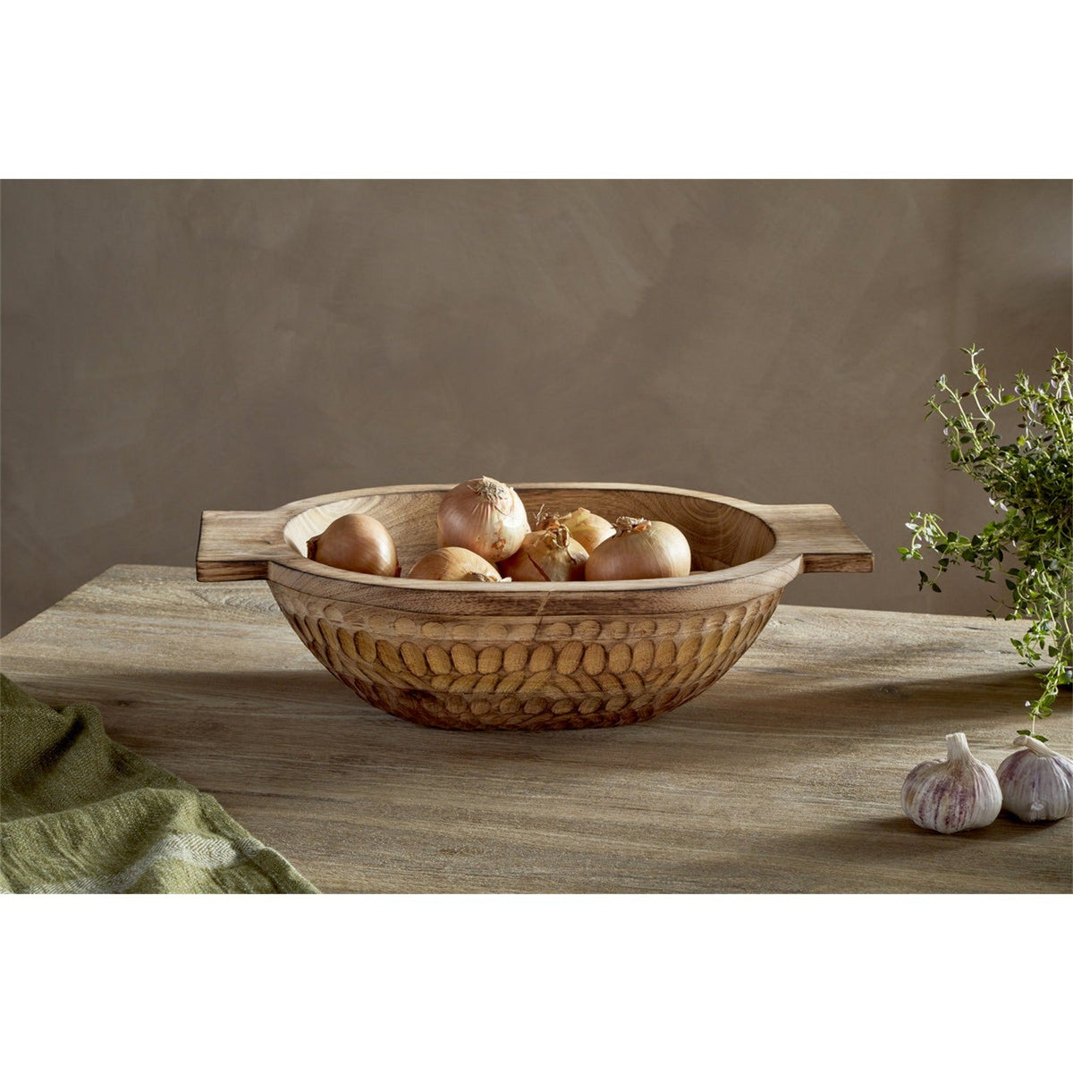 Pyaar Large Carved Mango Wood Serving Bowl - Natural
