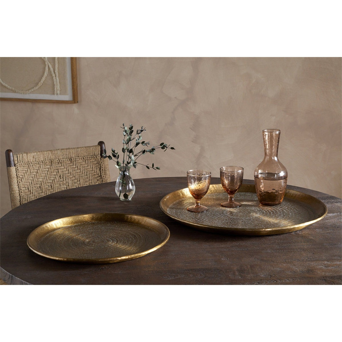 Dhanya Large Round Hammered Tray - Antique Brass