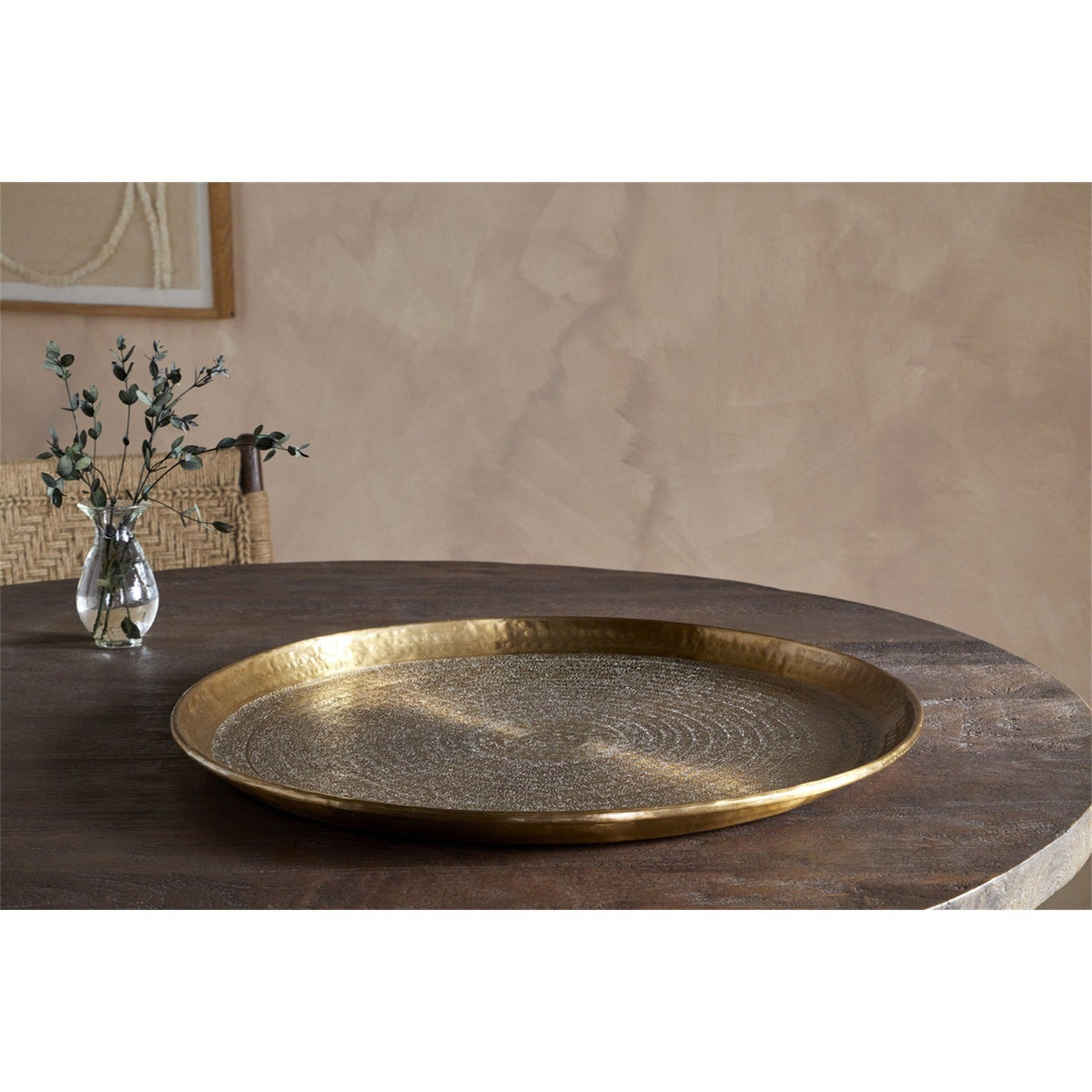 Dhanya Large Round Hammered Tray - Antique Brass