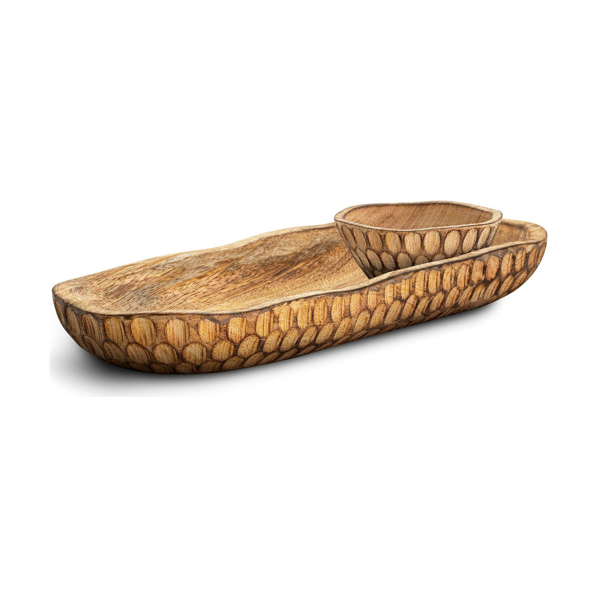 Pyaar Carved Mango Wood Serving Tray and Bowl - Natural