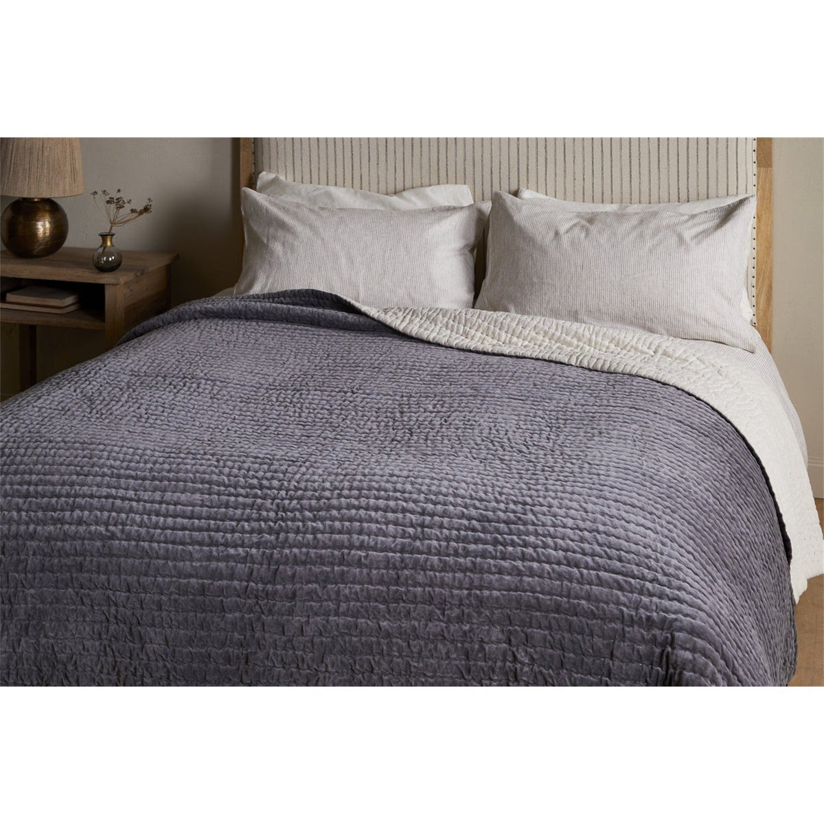 Nidra 220 x 240cm Velvet Quilted Bedspread - Charcoal