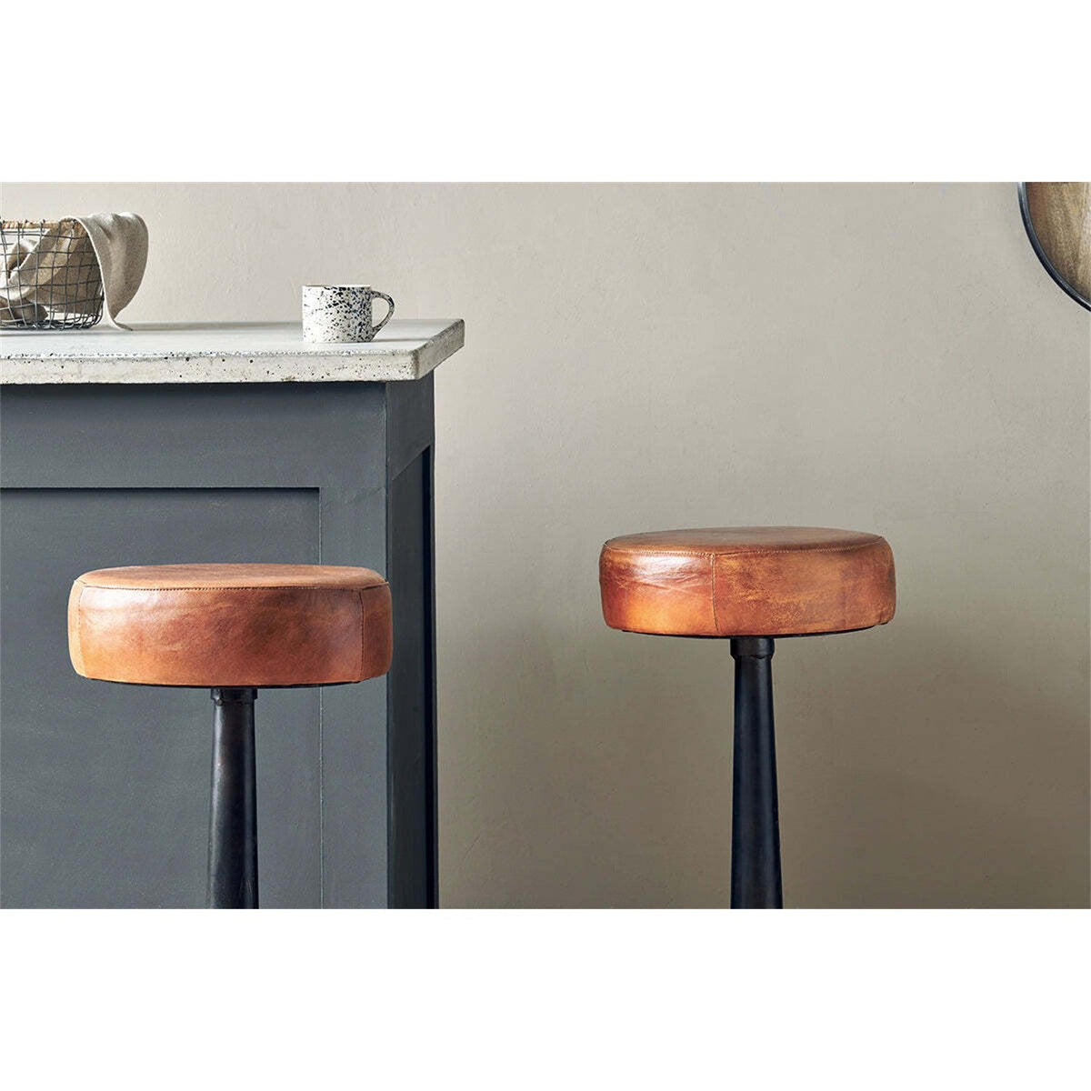 Narwana Leather Round Stool - Aged Tan