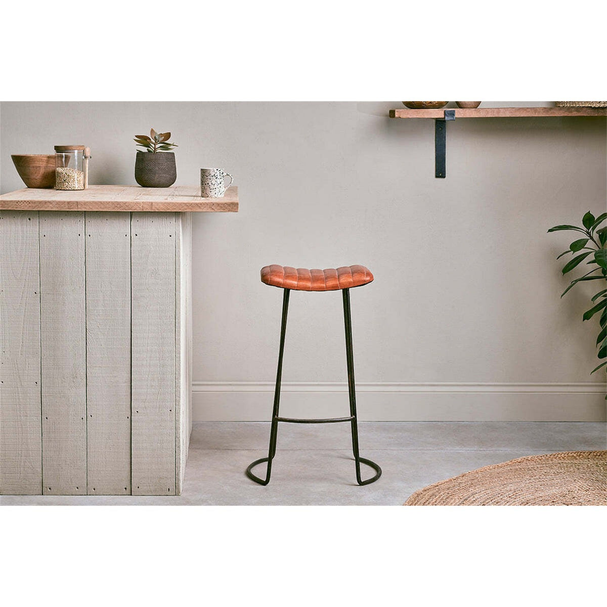 Narwana Large Ribbed Leather Stool - Aged Tan