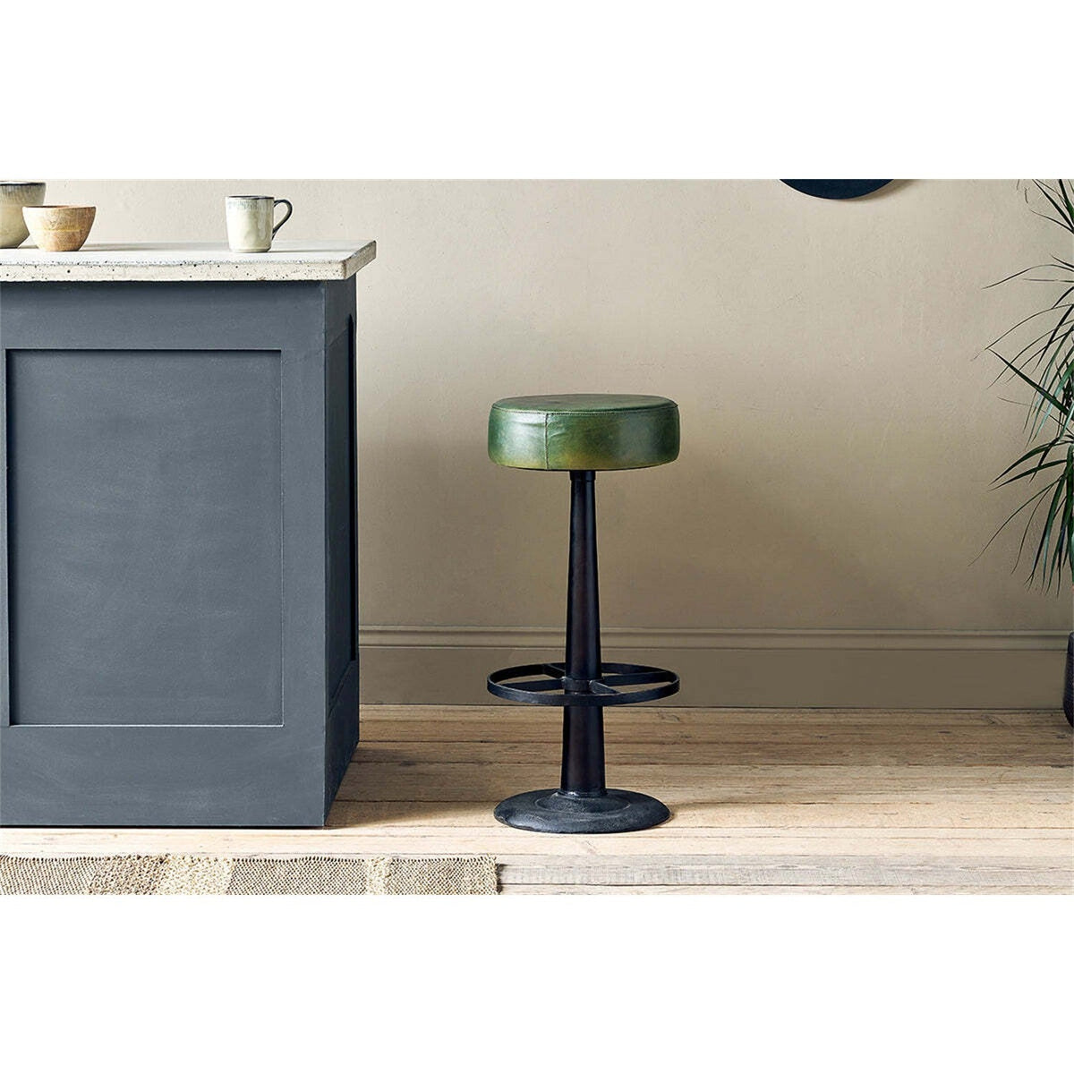 Narwana Leather Round Stool - Rich Green