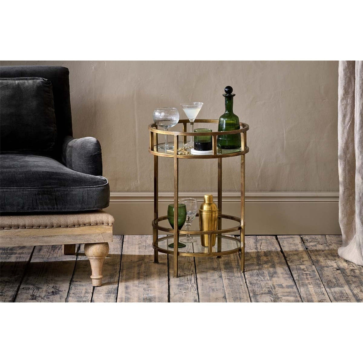Nakuru Iron & Glass 2 Tier Drinks Side Table - Brass