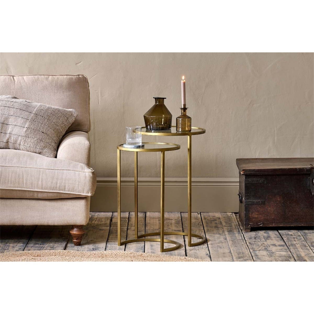 Nakuru Iron & Glass Nest of 2 Side Tables - Brass