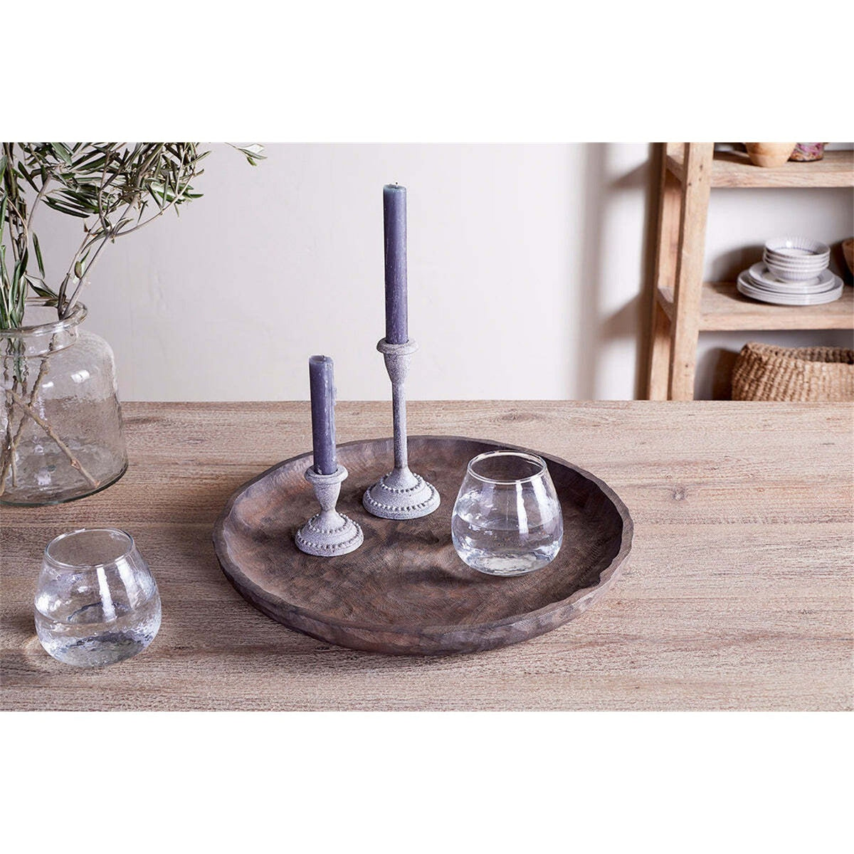 Nyati Mango Wood Etched Round Tray - Dark