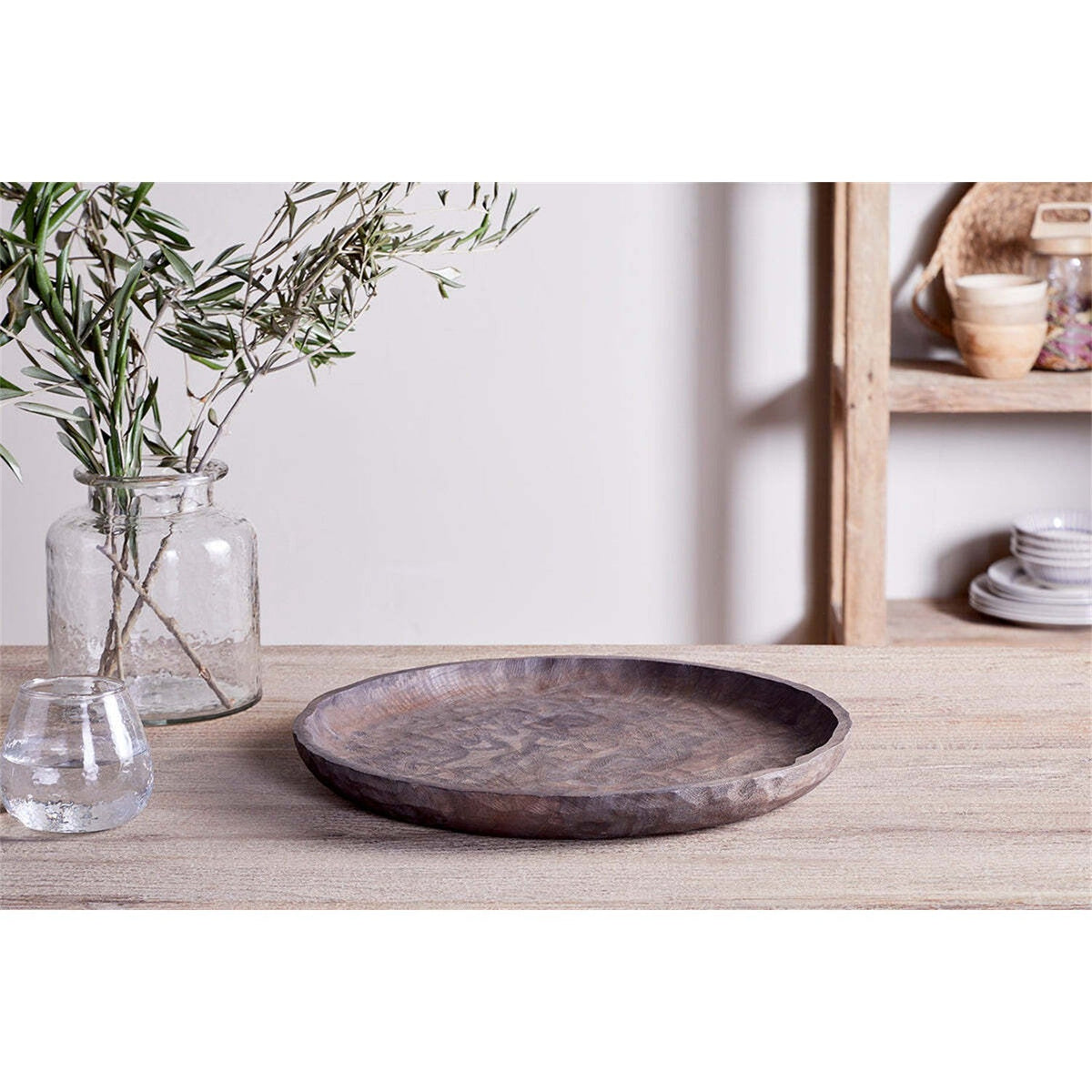 Nyati Mango Wood Etched Round Tray - Dark