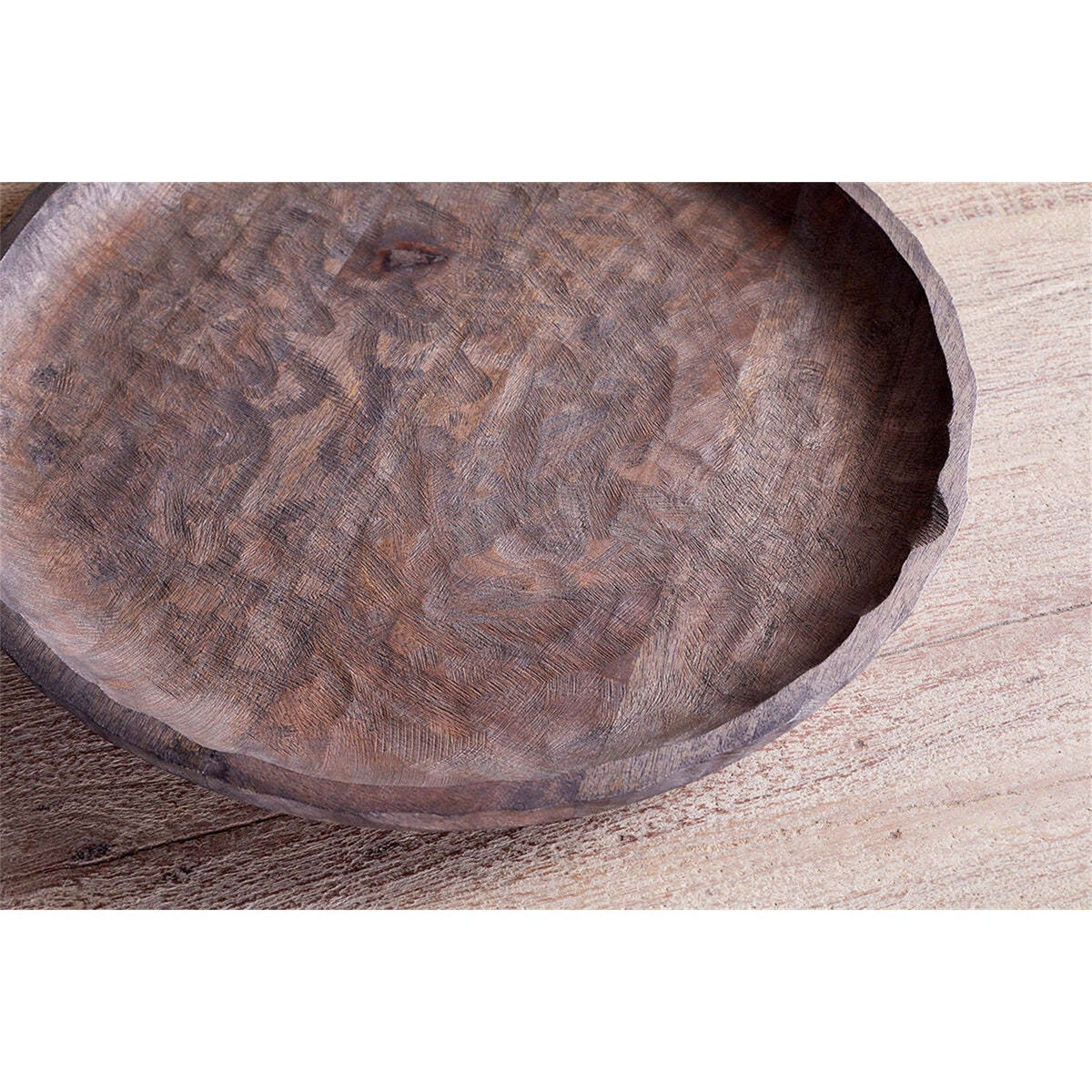 Nyati Mango Wood Etched Round Tray - Dark
