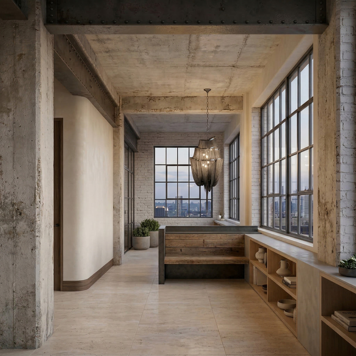 Loft kitchen with large industrial-style windows, concrete ceiling and columns, wooden cabinetry, open shelves with dishes, a built-in wooden table, and the Mireya 8 Light Metal Chain Veil Chandelier in black. Cityscape visible through the windows at dusk.