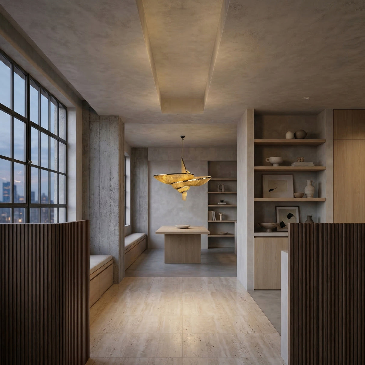 A modern, minimalist dining room with wood floors, a central table, built-in window seating, open shelves, and a Stratiform 20 Light Metal Chain Veil Chandelier in gold as an elegant sculptural fixture hanging from a recessed ceiling.