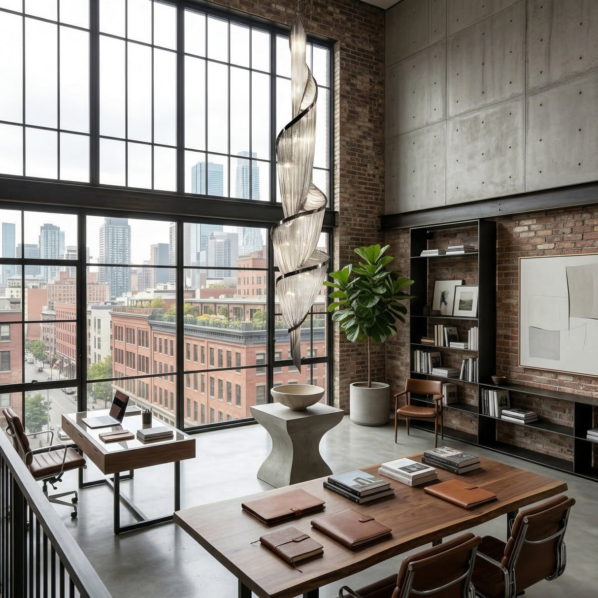 A modern loft office with large windows, exposed brick walls, and city views. Desks, books, a potted plant, shelves with books, abstract art, and the Stratiform 12 Light Metal Chain Veil Vertical Chandelier - Nickel add sculptural lighting to the space.