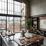 A modern loft office with large windows, exposed brick walls, and city views. Desks, books, a potted plant, shelves with books, abstract art, and the Stratiform 12 Light Metal Chain Veil Vertical Chandelier - Nickel add sculptural lighting to the space.