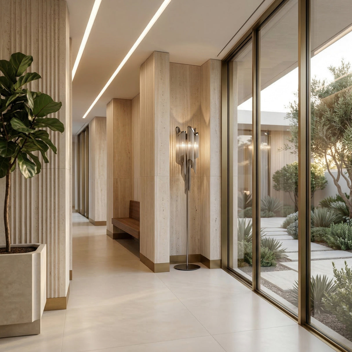 A modern hallway with large glass windows overlooking a landscaped courtyard, beige walls, a potted plant, sculptural lighting, the Valora 2 Light Metal Chain Veil Floor Lamp in nickel, and a built-in wooden bench along one wall.